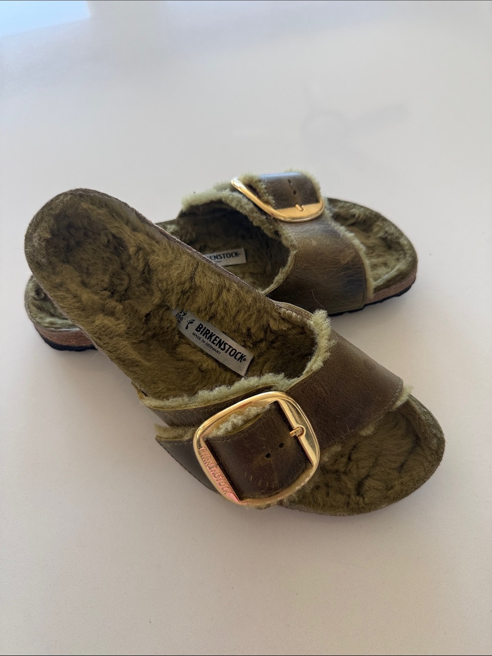 Birkenstock Olive Green Shearling Lined Slide Mules with Gold Buckles